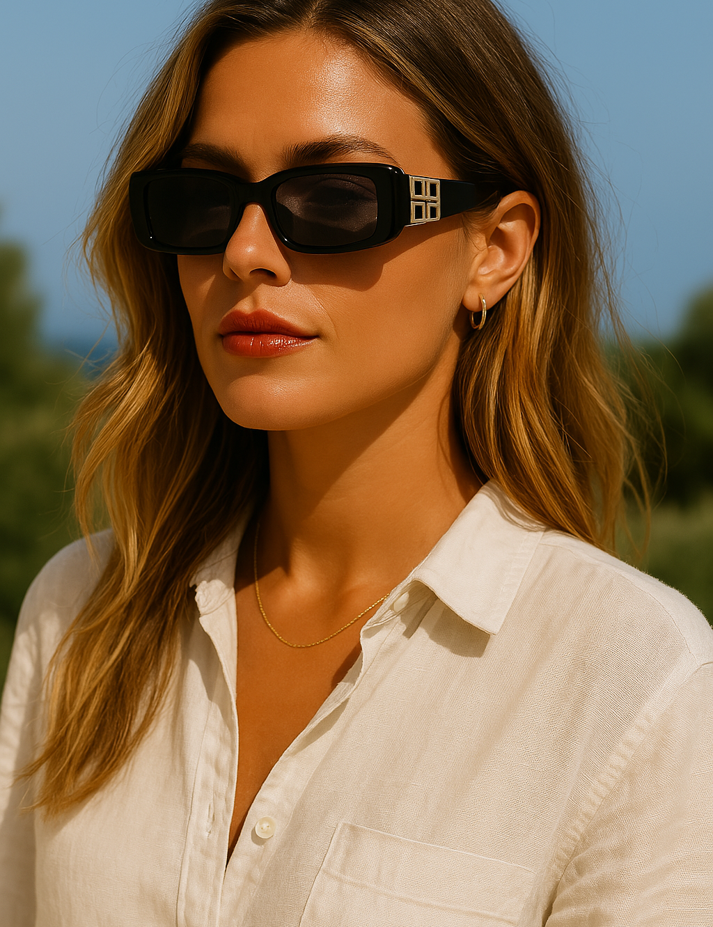 Sunglasses with gold logo detail worn by model, front view