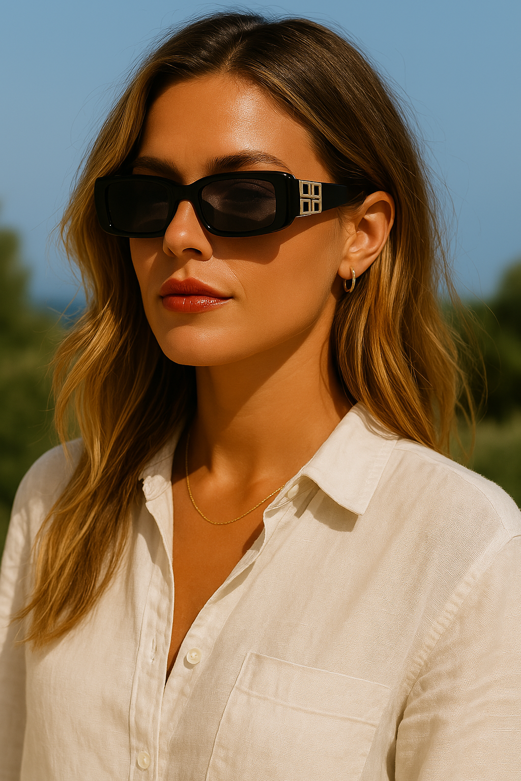 Sunglasses with gold logo detail worn by model, front view