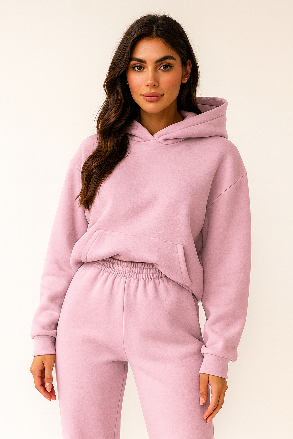 Luxe loungewear set roze fleece front view