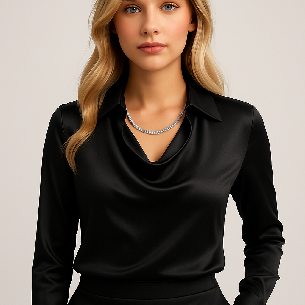 Witte satijnen blouse met watervalhals vooraanzicht