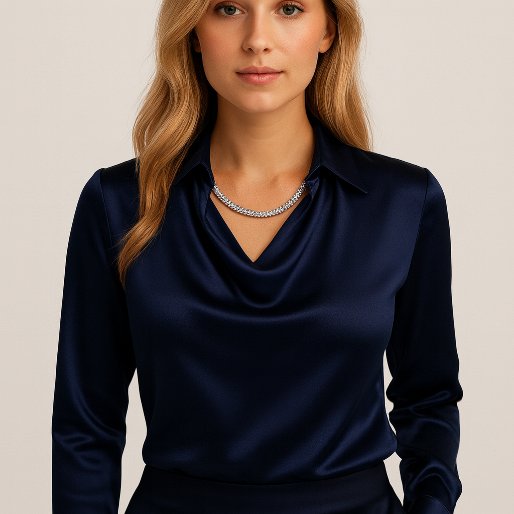 Blouse satijn donkerblauw watervalhals vooraanzicht
