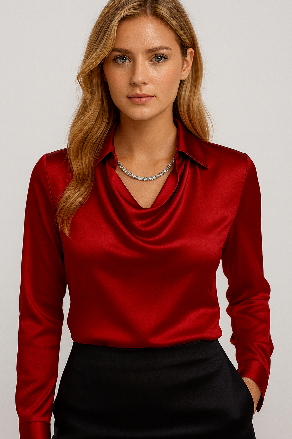 Rode satijnen blouse met watervalhals front view