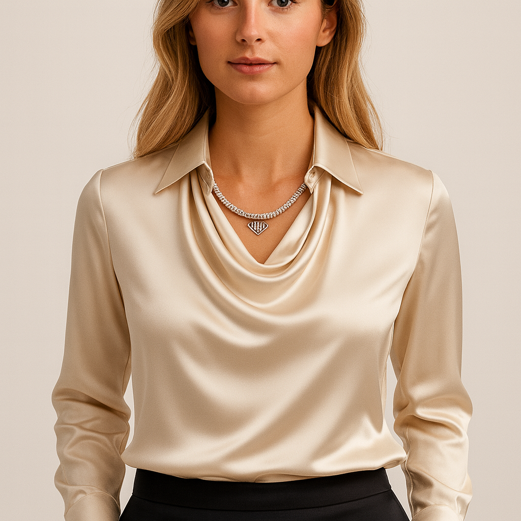 Witte satijnen blouse met watervalhals vooraanzicht