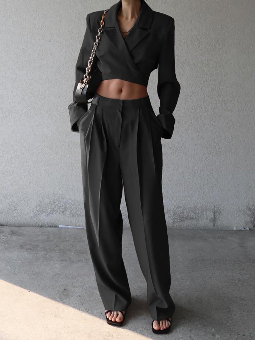 Black cropped blazer and wide-leg pants front view