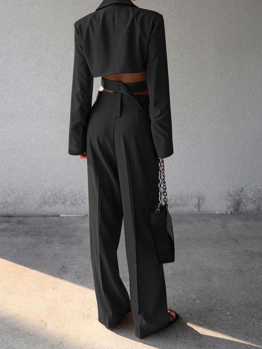 Black cropped blazer and wide-leg pants back view