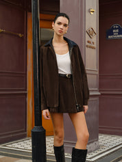 Brown corduroy jacket and shorts set front view with belt