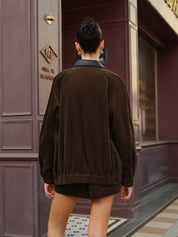 Brown corduroy jacket and shorts set back view