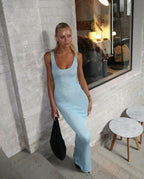 Lichtblauwe glitter maxi jurk front view