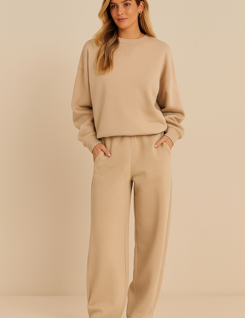 Beige loungewear set with wide pants front view