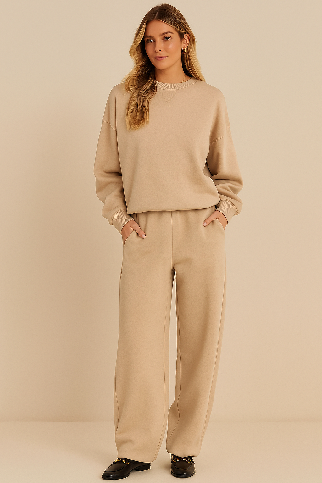 Beige loungewear set with wide pants front view