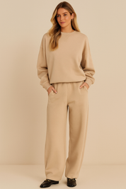 Beige loungewear set with wide pants front view