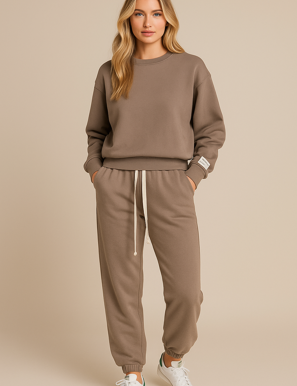 Women's loungewear set in beige with drawstring front view