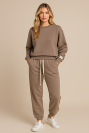 Women's loungewear set in beige with drawstring front view