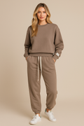 Women's loungewear set in beige with drawstring front view