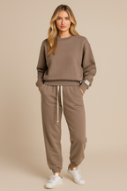 Women's loungewear set in beige with drawstring front view