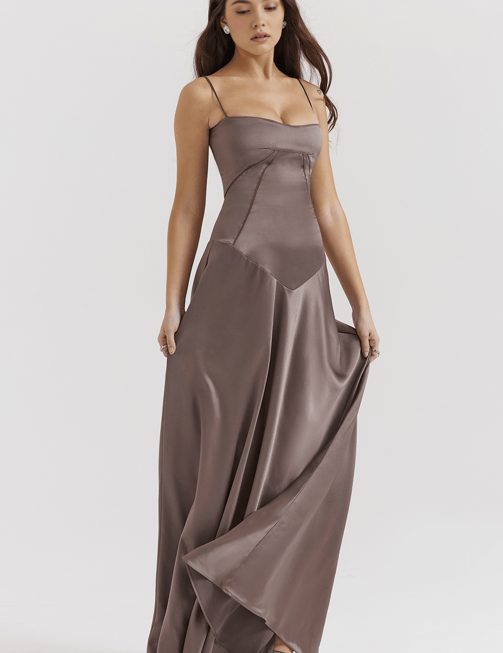Mauve satin evening gown side view