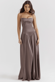 Mauve satin evening gown front view with hand on hip