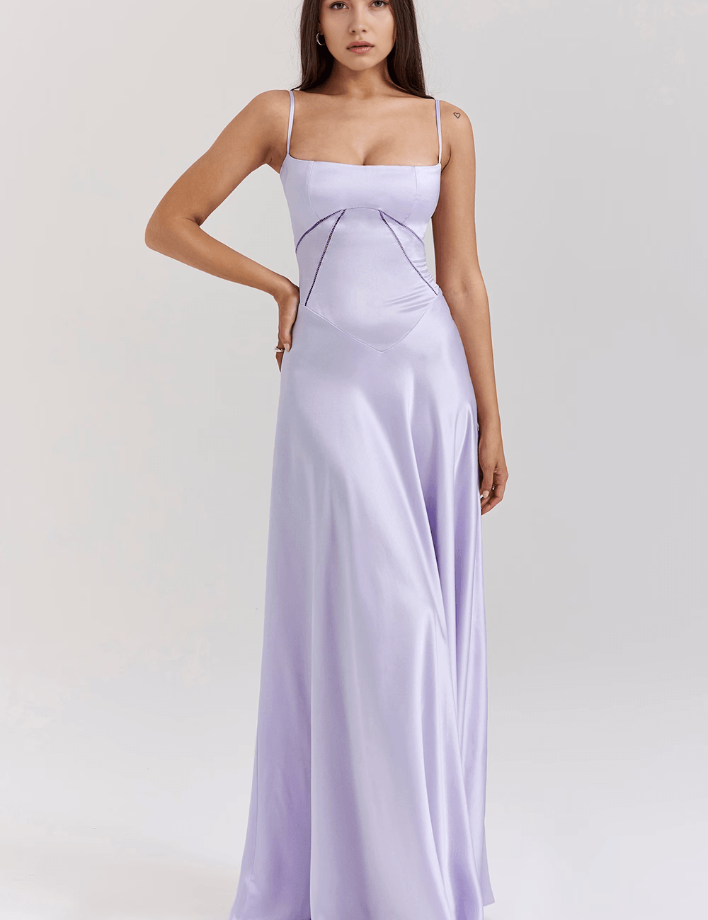 Lavender satin evening gown front view
