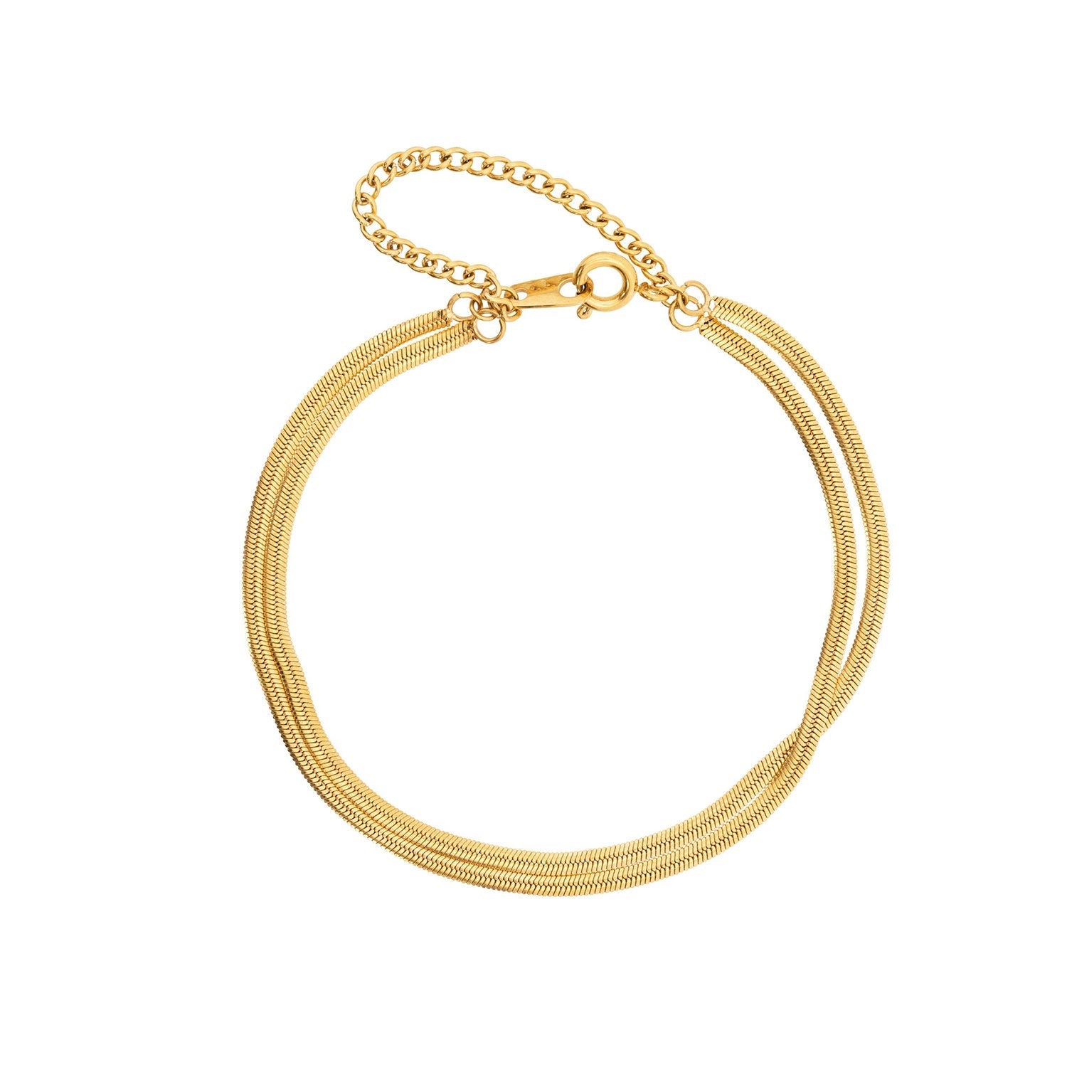 Gold-colored snake chain bracelet with extender, front view