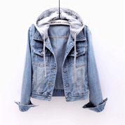 Light blue denim jacket with hood angled view