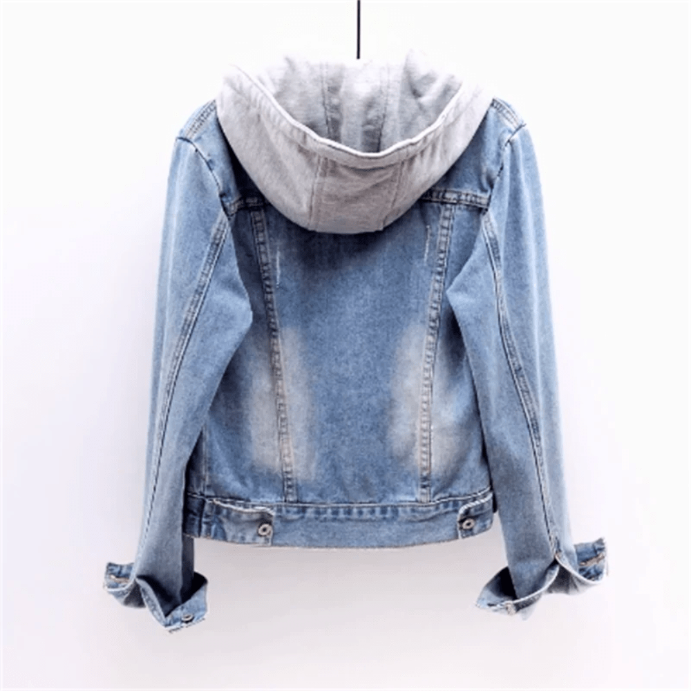 Light blue denim jacket with hood back view