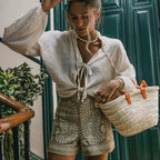 High-waist paisley shorts khaki front view with white blouse