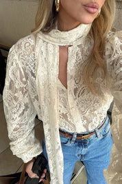 Dunja | Witte Blouse Dames - Doorzichtige Kanten Accenten, Romantisch Strikdetail 7