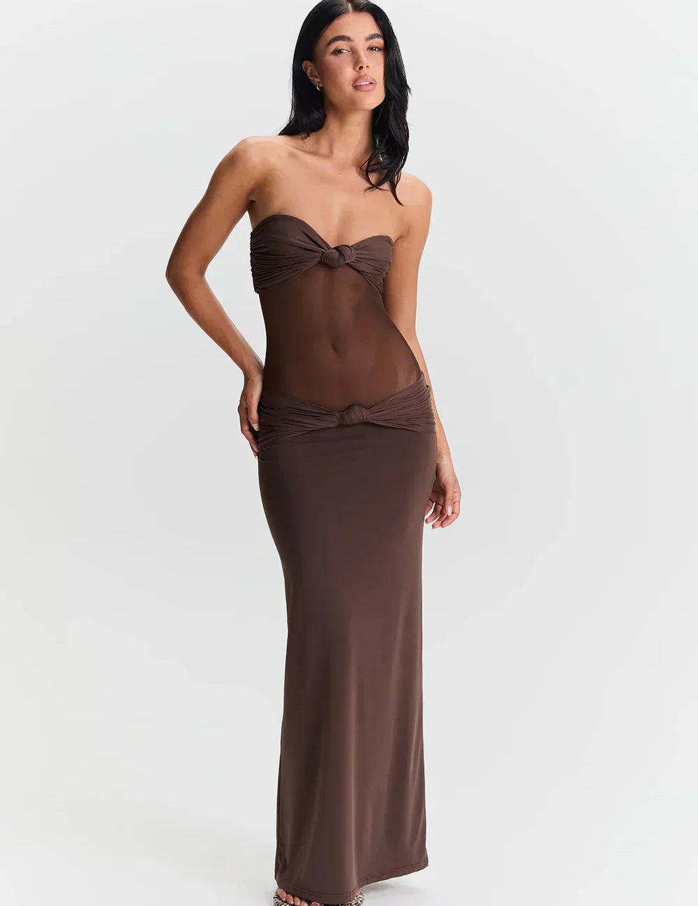 Brown strapless dress with mesh detail front view