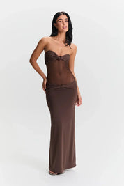 Brown strapless dress with mesh detail front view