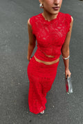 Red lace crop top and long skirt set front view