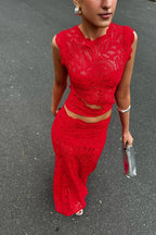 Red lace crop top and long skirt set front view
