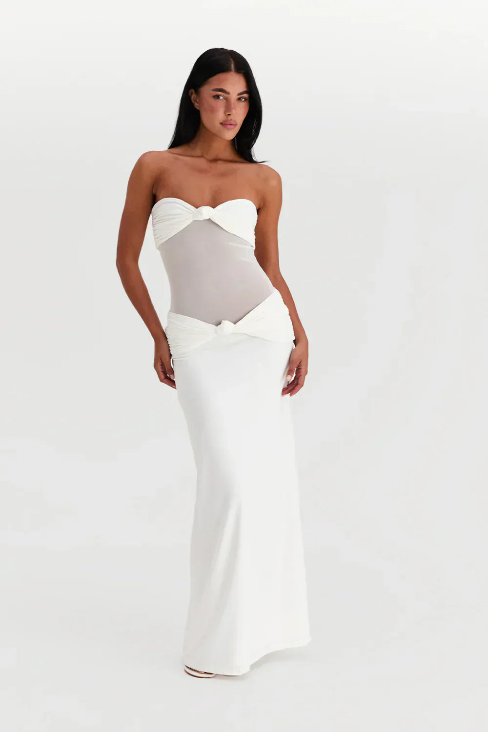 White strapless dress with mesh detail front view