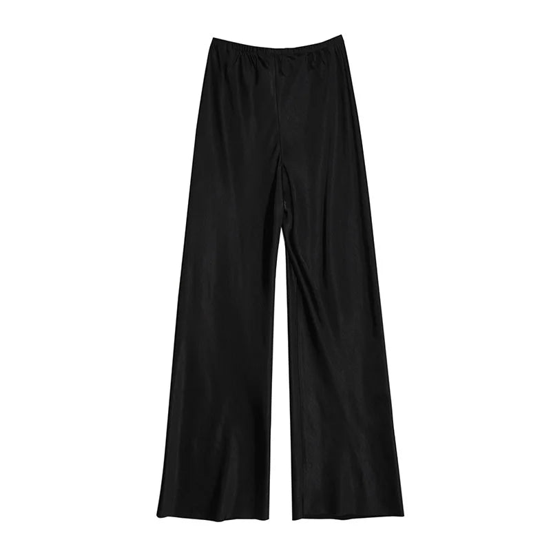 Vrouwenbroek zwart satijn look breed model vooraanzicht