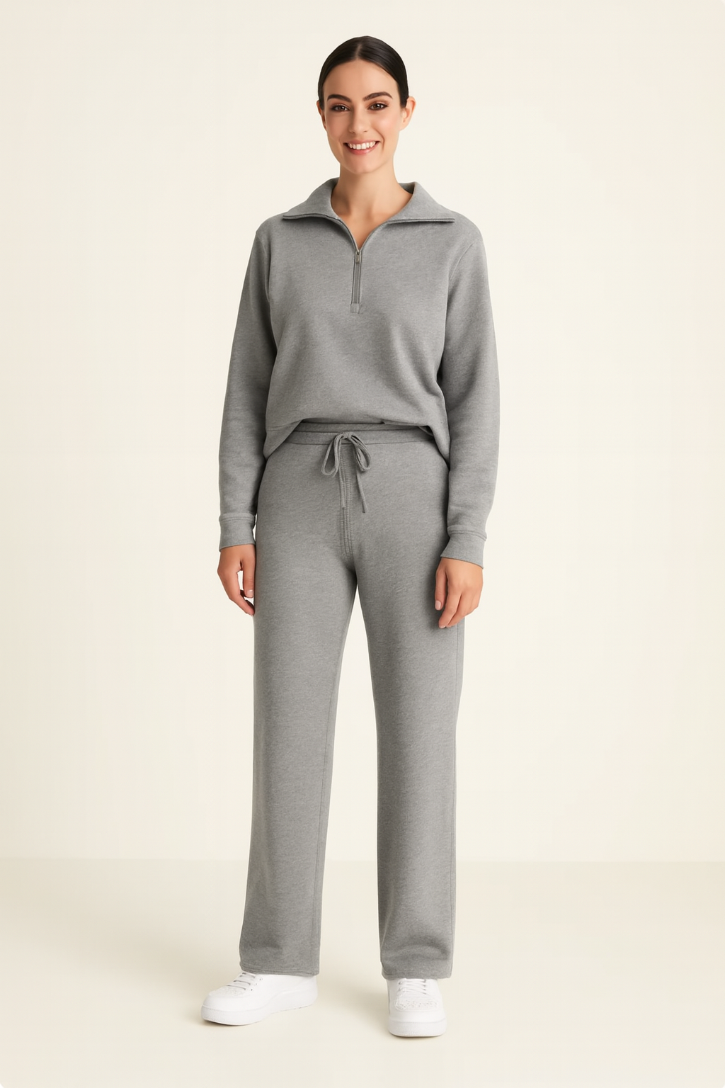 Tweedelige dames loungewear set grijs met rits en elastische taille vooraanzicht