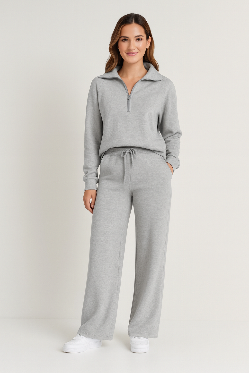 Tweedelige dames loungewear set grijs met rits vooraanzicht