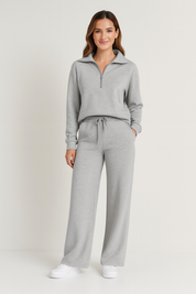 Tweedelige dames loungewear set grijs met rits vooraanzicht