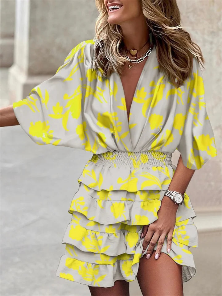 Liore Midi jurk met V-hals en ruches in zomerse stijl voor dames