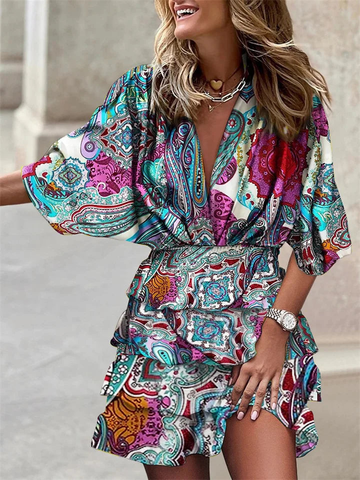 Liore Midi jurk met V-hals en ruches in zomerse stijl voor dames
