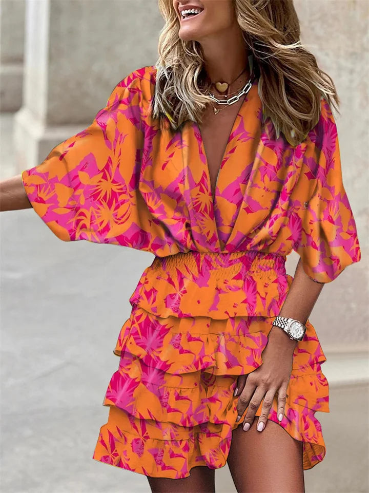Liore Midi jurk met V-hals en ruches in zomerse stijl voor dames