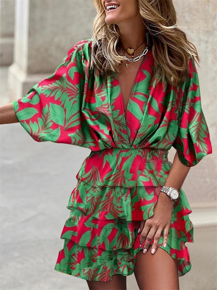 Liore Midi jurk met V-hals en ruches in zomerse stijl voor dames