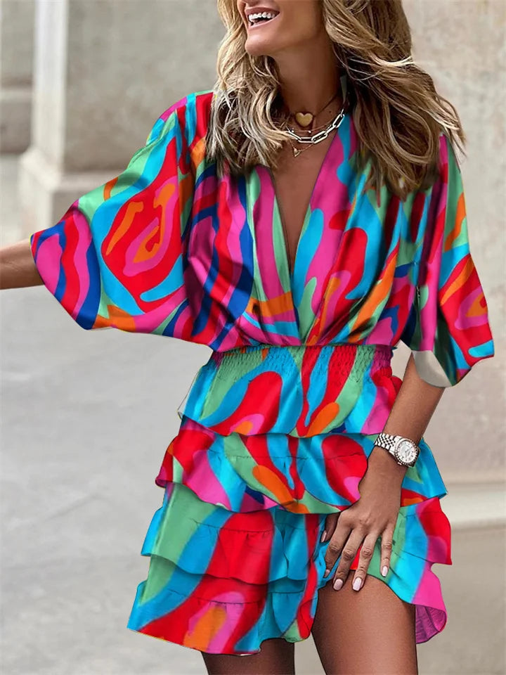 Liore Midi jurk met V-hals en ruches in zomerse stijl voor dames