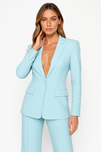 Dames pak blauw met blazer en high waist broek front view