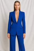 Dames pak blauw satijnzijde front view