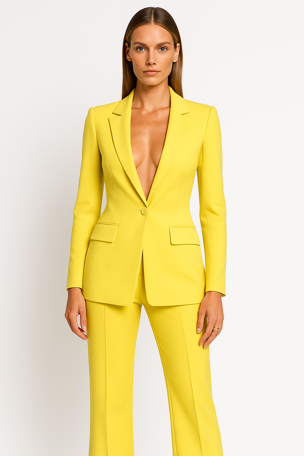Dames pak geel met blazer en high waist broek front view