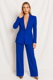 Dames pak blauw met blazer en high waist broek front view