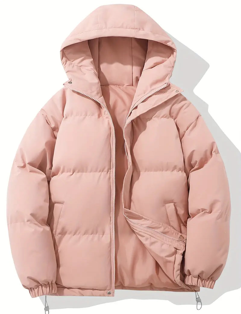 Puffer jacket with hood pink front view
