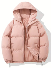 Puffer jacket with hood pink front view