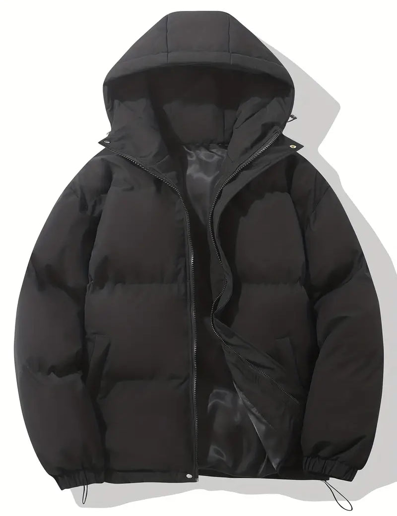Puffer jacket with hood black front view