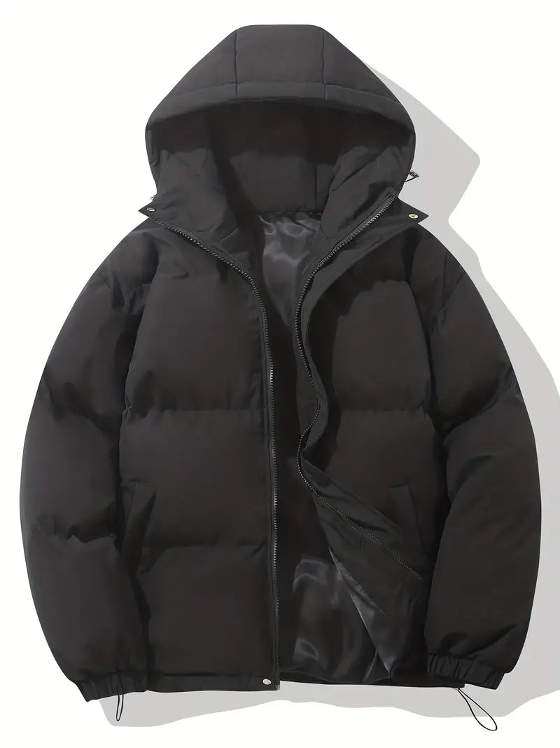Puffer jacket with hood black front view