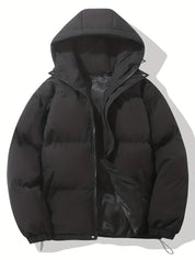 Puffer jacket with hood black front view